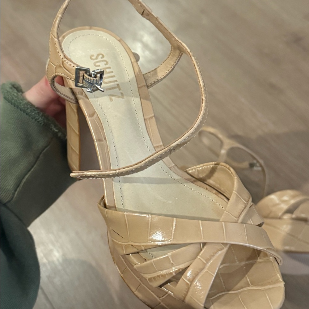 SCHUTZ Beige Croc-Embossed Strappy Heels KEEFA